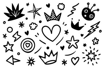 Poster - Hand drawn doodle elements collection with hearts stars crowns arrows and other cute decorations isolated on white