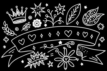 Poster - Hand drawn design elements with a crown stars floral details and a banner for decorative purposes
