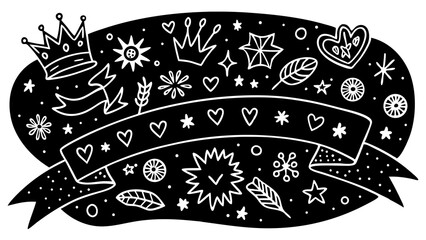 Poster - Hand drawn decorative black and white doodle design with hearts stars crowns and other elements