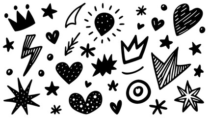 Poster - Hand drawn doodle elements set black and white crowns hearts stars and other graphic elements isolated