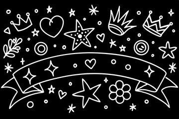 Poster - Hand drawn doodle illustration in white on black background featuring various cute decorative elements