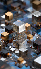 Poster - abstract representation of interconnected data blocks forming a complex digital network landscape an