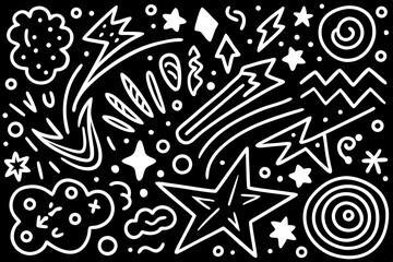 Poster - Whimsical abstract illustration featuring stars lightning bolts clouds and decorative elements on a black background