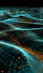 Poster - Abstract flowing data visualization with teal and orange lines creating a network of connectivity and future technology