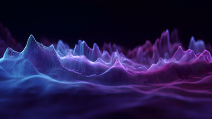 Poster - abstract digital landscape with wave particles dynamic flow and glowing light visualization concept