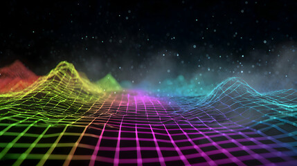 Poster - colorful abstract geometric grid background featuring futuristic wireframe landscape with digital te