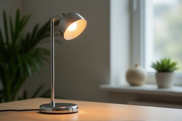 Poster - A desk lamp sits on a wooden table, providing warm lighting