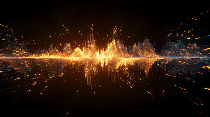 Poster - golden sparks create a vibrant abstract landscape reflected on a dark mirrorlike surface art