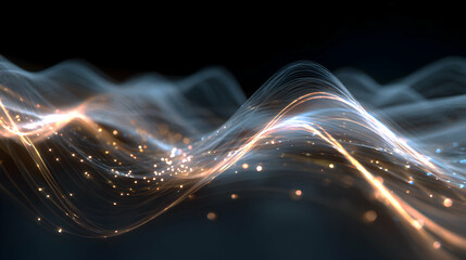 Poster - abstract glowing waves with light trails on dark background representing energy flow and connectivit