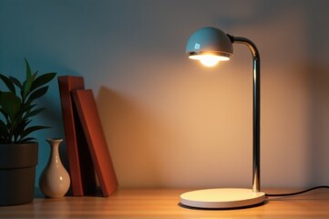 Poster - A desk lamp sits on top of a wooden table, providing warm lighting