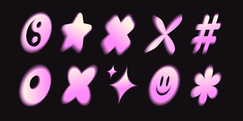 Poster - Gradient y2k symbols with pink aura glow effect - star and twinkle, hashtag and sparkle, smiling face and flower icons on black background. Nostalgic neon aesthetic shapes for retro digital design.