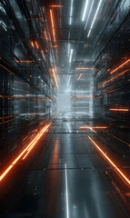 Poster - futuristic corridor with glowing lines and reflective surfaces evoking a sense of speed and modernit
