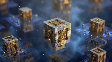 Poster - Complex golden cubes representing advanced technology and data interconnectedness in futuristic design