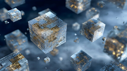 Poster - Abstract digital cubes floating in a serene space showcasing innovation and technological advancement