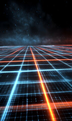 Poster - futuristic grid landscape showcasing glowing lines against a cosmic backdrop of stars and interstell