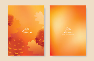 Wall Mural - abstract orange color gradient autumn card background set. minimalist poster with oak leaf and pine 