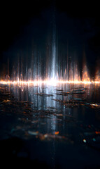 Poster - Mystical illumination shines above dark waters reflecting a vibrant glow in a surreal and ethereal landscape evoking wonder imagination and cosmic energy