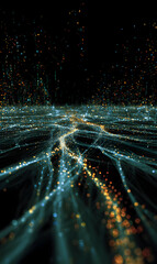 Poster - illuminated digital network data stream with vibrant lights forming a futuristic virtual landscape