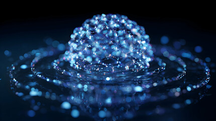 Poster - Futuristic glowing network sphere reflecting on water surface symbolizing connectivity and innovation