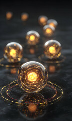 Poster - enigmatic orbs of light hover in darkness creating a mesmerizing abstract scene with golden reflecti