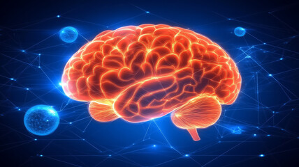 Poster - Luminous semitransparent human brain set against dark background, showcasing neural connections