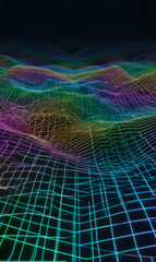 Poster - retro wave landscape with neon grid and rainbow colors evoking nostalgic futuristic vibes and techno