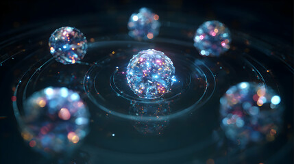 Poster - abstract glowing orbs floating in a dark space with circular lines suggest advanced technology futur