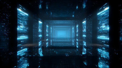 Poster - Futuristic data stream tunnel with abstract light trails in a digital server room design