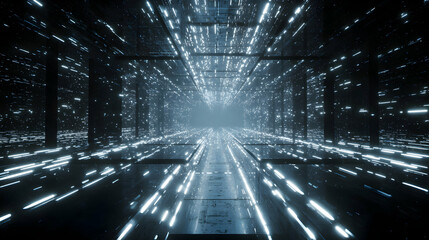 Poster - Futuristic luminous corridor showcasing a perspective with bright lights leading into the distance