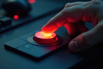 Poster - A close-up shot of a person's hand pressing a button, potentially for a technological or industrial purpose