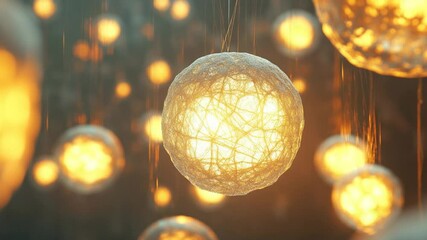 Abstract luminous sphere with intricate web design suspended in a warm, atmospheric space