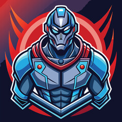 Poster - Futuristic cyborg robot mascot character logo showcasing a strong design with bold colors and dynamic features for a tech-themed brand