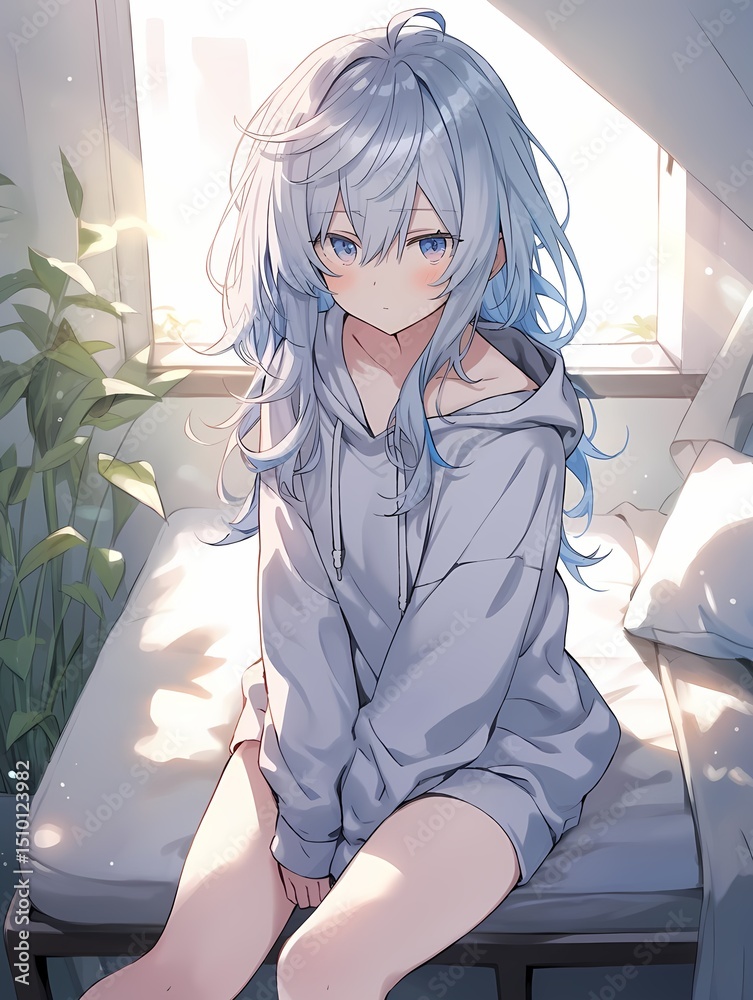 Young anime girl with blue eyes and blue hair sitting on bed Stock ...