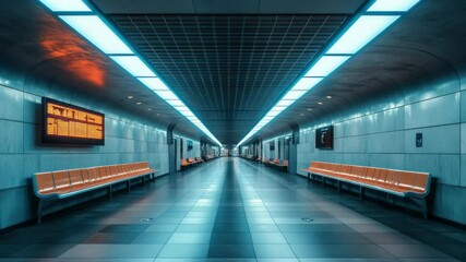 Poster - Modern empty metro station with orange seats and neon lighting
