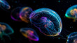 © SB4 GM - Glowing jellyfish with rainbow bioluminescence, floating in jet black water, artistic and dreamy look