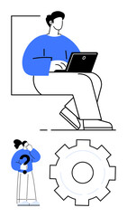 Poster - person seated with a laptop working attentively, large gear representing process, and standing figur