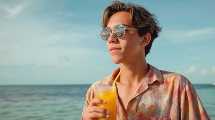 Poster - A young man stands on the beach wearing sunglasses, savoring a refreshing tropical drink. The vibrant colors of his shirt complement the blue ocean and clear sky