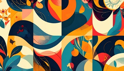 Poster - Dynamic abstract art composition showcasing colorful shapes and patterns in a modern design environment