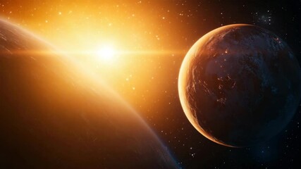 Wall Mural - Two planets illuminated by bright star and sun in space with glowing light, detailed surface textures, and starry cosmic atmosphere full of celestial beauty and galaxy wonders in universe astronomy