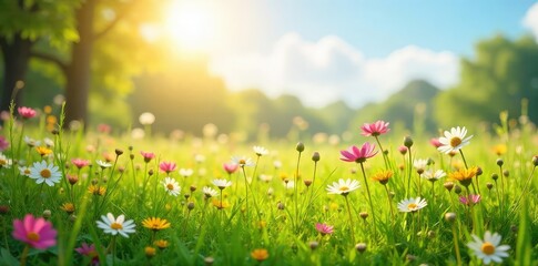 Wall Mural - A serene, sun-drenched meadow with wildflowers in full bloom, gently swaying in the breeze Perfect for nature, springtime, and idyllic settings , texture, sky, flowers