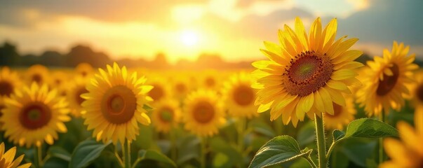 Wall Mural - A vibrant field of sunflowers basking in the warm glow of sunshine, petals reaching towards the sky Golden hues dominate the scene, conveying joy and summer's warmth , rural, petals