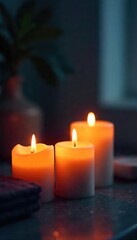 Wall Mural - Close-up of several flickering candles, creating a warm, soft glow in a dimly lit room, suggesting relaxation and stress relief Perfect for spa, wellness, or self-care themes , glow, wellbeing
