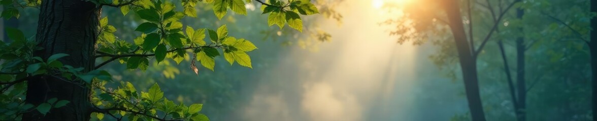 Wall Mural - Ethereal mist clinging to leaves, creating a mystical and serene forest scene at dawn Sunlight filters through the fog, highlighting the delicate details of the foliage , peaceful, close-up