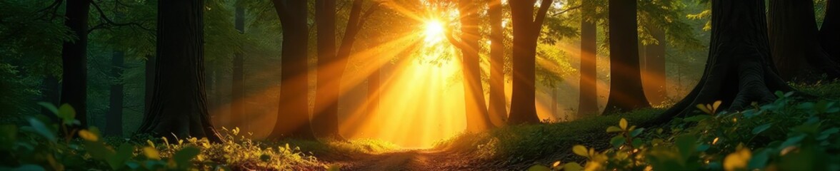 Wall Mural - Golden sunbeams stream through gaps in a dense forest canopy, illuminating the forest floor in dappled light A breathtaking display of nature's light and shadow play , green, woods, trees