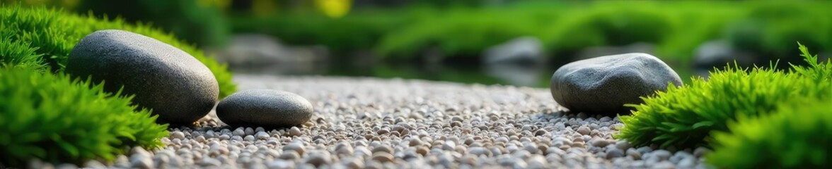 Wall Mural - Serene zen garden scene featuring meticulously raked gravel, smooth stones, and lush green moss, embodying tranquility and mindfulness , green, reflection