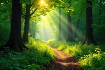 Sticker - Sun-dappled forest path winds through lush green canopy, dappled sunlight filtering through leaves, creating magical atmosphere Perfect for nature, travel, and adventure themes , woods, nature