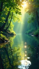 Sticker - Sunlight dappling through leaves onto a clear water surface, creating shimmering reflections Perfect for nature, serenity, and environmental themes , tranquil, natural light, ecology