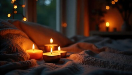Wall Mural - Warm, flickering candlelight illuminates a cozy scene, casting soft shadows and creating a romantic ambiance Perfect for representing relaxation, intimacy, and tranquility , vintage, warm