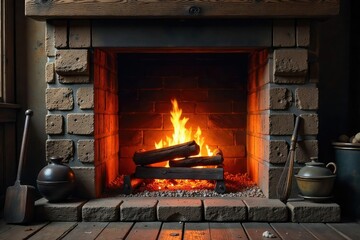 Sticker - a crackling fireplace with glowing embers, vintage tools nearby, and a rustic wooden mantelpiece cre