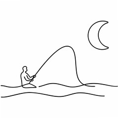 Poster - Serene monochrome illustration of a person fishing under a crescent moon perfect for various creative projects